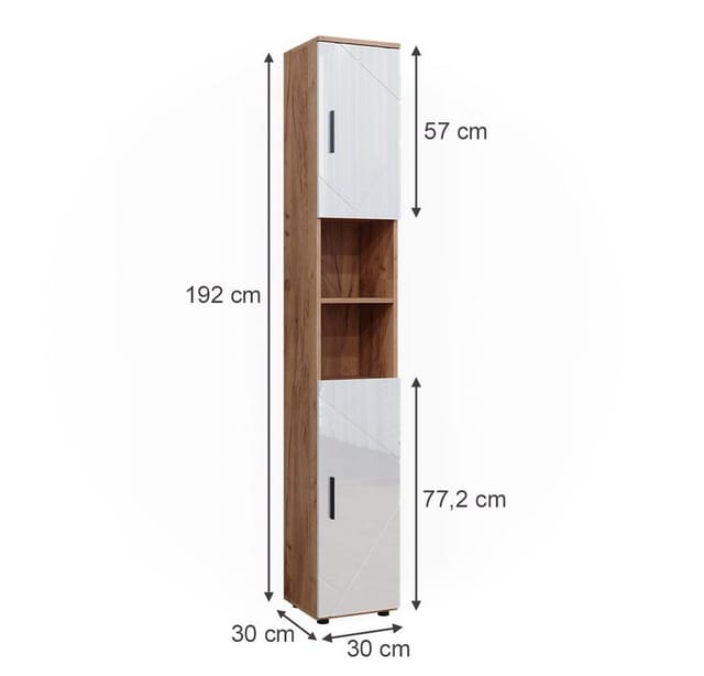 Vicco Badschrank Irma Eiche/Weiß Hochglanz 30 x 192 cm mit Türen und Offenen Fächern
