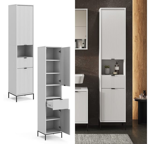 Vicco Badschrank Eliza Weiß 40 x 190 cm mit Türen und Schublade