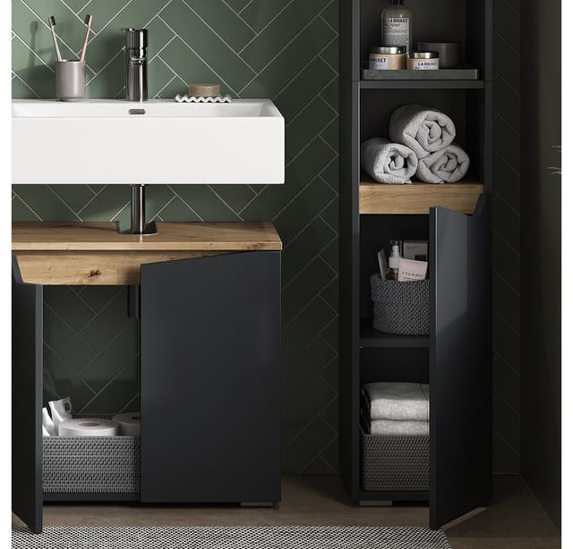 Vicco Badschrank Marelle Anthrazit/Anthrazit 30 x 180 cm mit Türen und Offenen Fächern