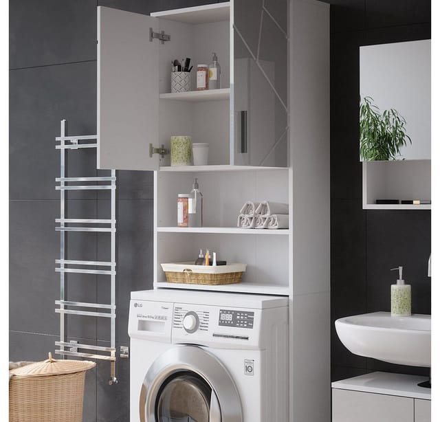 Vicco Waschmaschinenschrank Irma Weiß Hochglanz/Weiß 64 x 191 cm Badezimmerschrank für die Waschmaschine