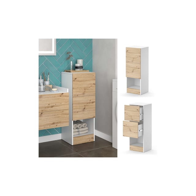 Vicco Midischrank Alf Weiß/Eiche 35 x 92 cm mit 2 Schubladen