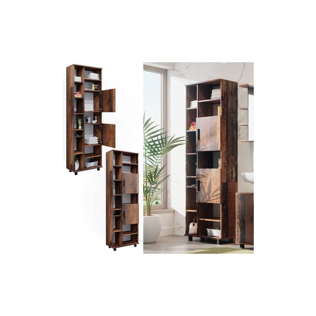 Vicco Badschrank Ilias Eiche Rustikal 60 x 190 cm mit Türen und Offenen Fächern