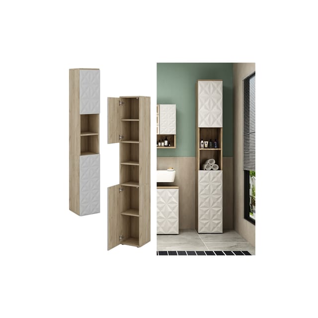 Vicco Badschrank Edge Weiß/Eiche 30 x 190 cm mit 2 Türen und 3 Fächer