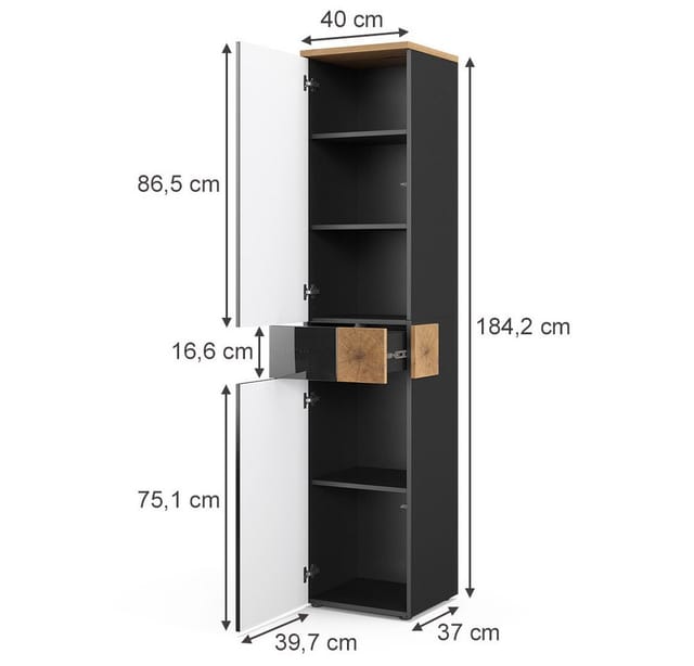 Vicco Badschrank Eden Anthrazit/Artisan-Eiche 40 x 184 cm