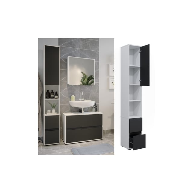 Vicco Wäscheschrank Maltin Weiß 30 x 189 cm mit einer Tür und Zwei Schubladen