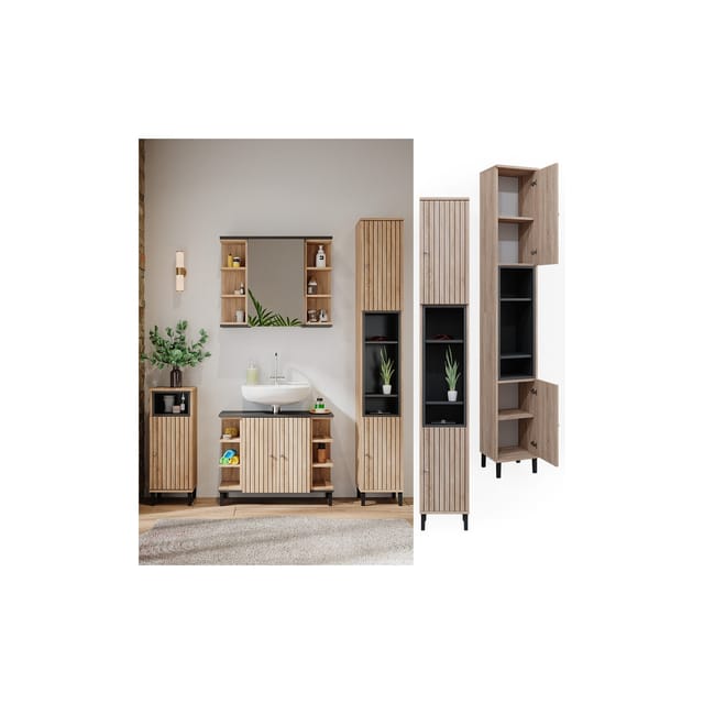 Vicco Badschrank Aquis Sonoma/Anthrazit 30 x 190 cm mit Türen und Offenen Fächern