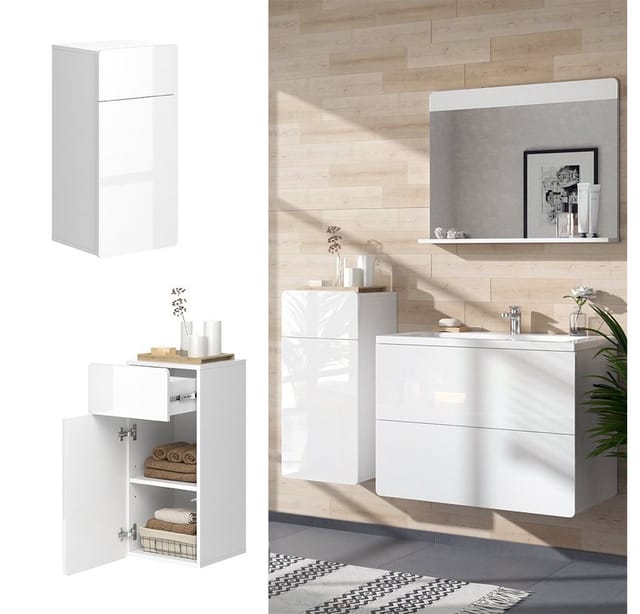 Vicco Midischrank Izan Weiß Hochglanz 37 x 77 cm mit Schublade und Tür