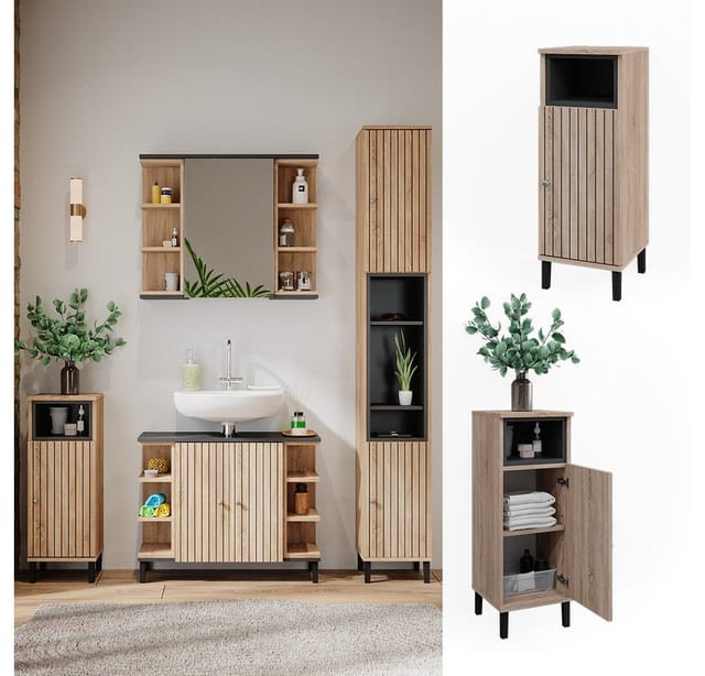 Vicco Midischrank Aquis Sonoma/Anthrazit 30 x 87 cm mit Tür und offenem Fach