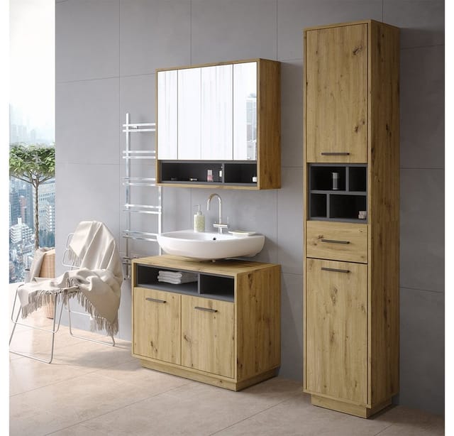 Vicco Badschrank Beatrice Artisan Eiche/Anthrazit 38 x 190 cm mit Türen Schublade
