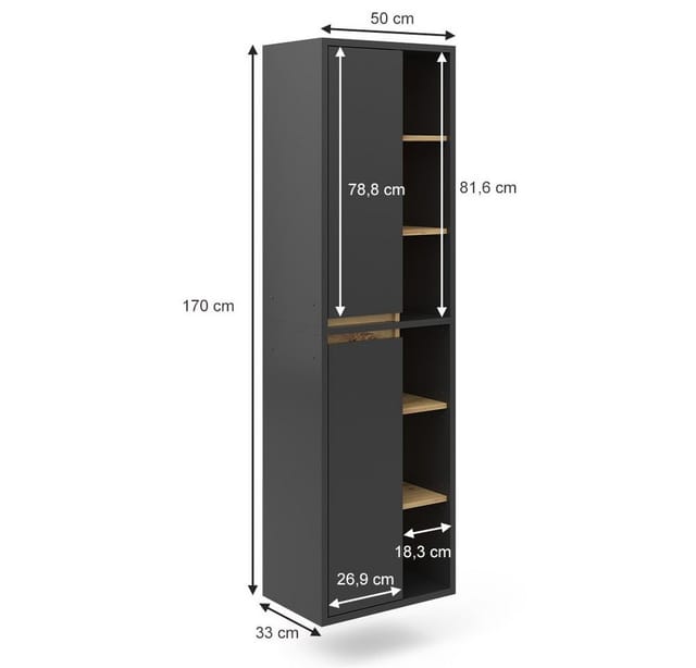 Vicco Badschrank Viola Anthrazit 50 x 170 cm mit Türen und Offenen Fächern
