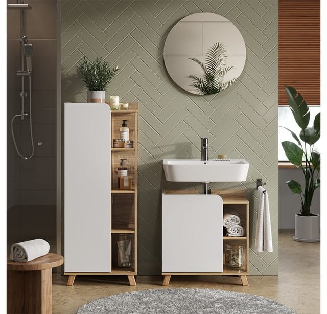Vicco Midischrank Karen Sonoma/Weiß 50 x 128 cm mit Tür und Offenen Fächern