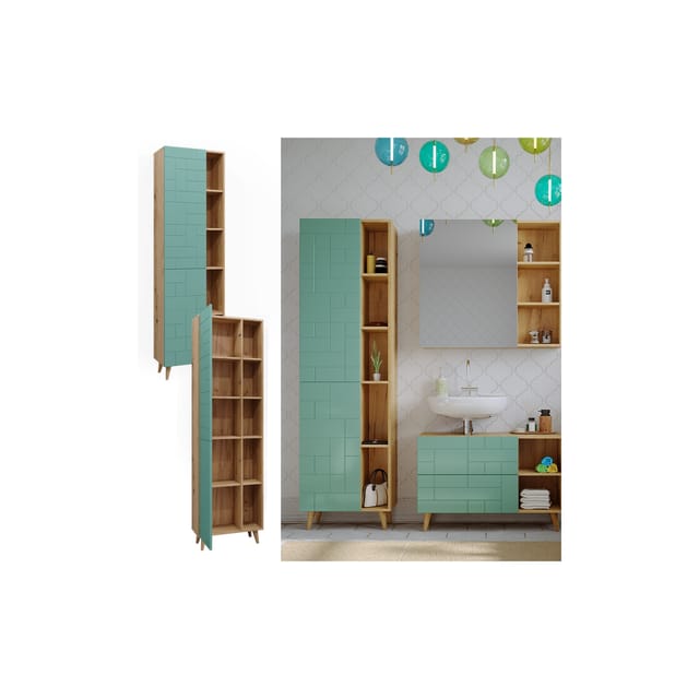 Vicco Badschrank Rudi Mintgrün/Eiche 56 x 193 cm mit Türen und Offenen Fächern