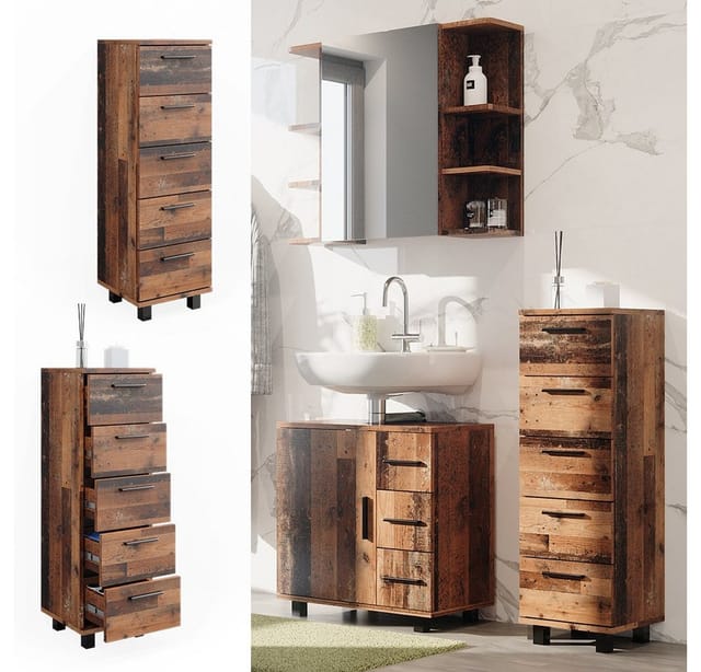 Vicco Midischrank Ilias Eiche Rustikal 30 x 95 cm mit 5 Schubladen