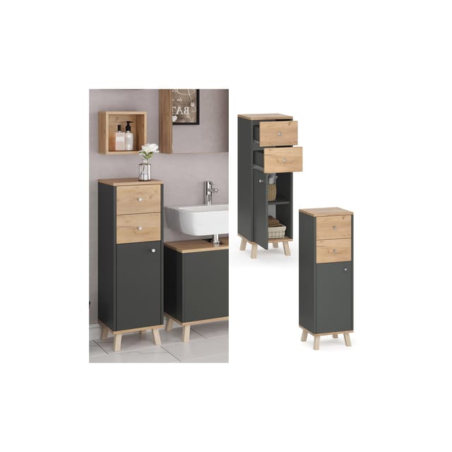 Vicco Midischrank Senyo Anthrazit/Goldkraft Eiche 30 x 95 cm mit Schubladen
