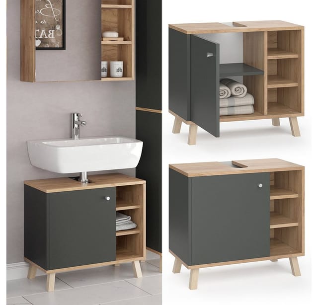 Vicco Waschbeckenunterschrank Senyo Anthrazit/Goldkraft Eiche 60 x 54 cm