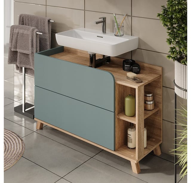 Vicco Waschbeckenunterschrank Karen Sonoma/Blau 100 x 65 cm mit 2 Türen und Schubladen