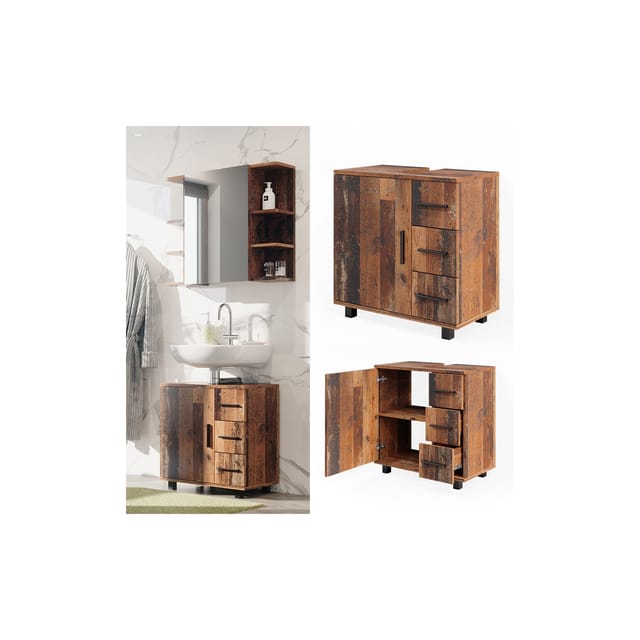 Vicco Waschbeckenunterschrank Ilias Eiche Rustikal 60 x 61 cm mit Tür und 3 Schubladen