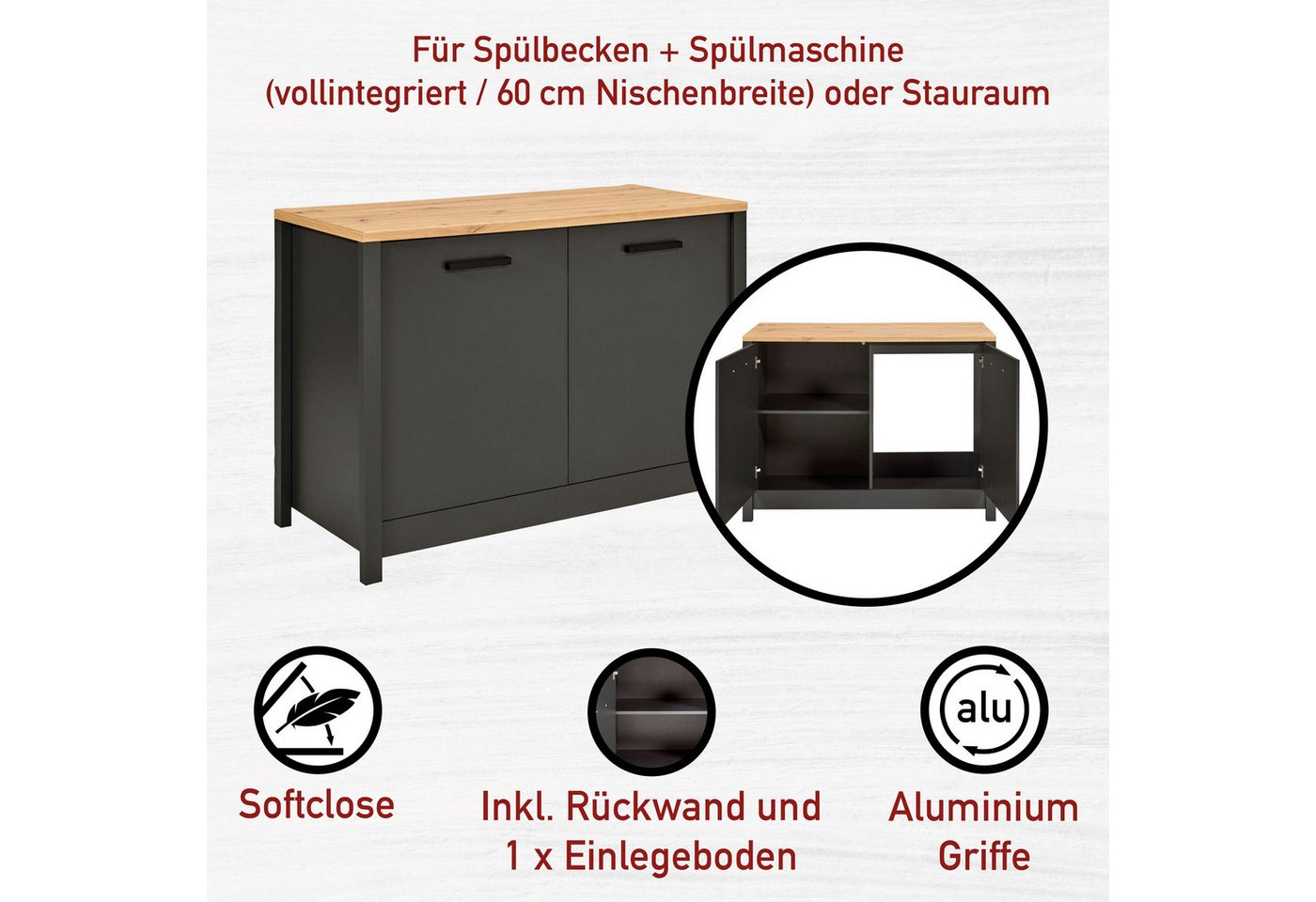 Inter Link Pantryküche Pienza, Miniküche, Singleküche, Einbauküche, Kochnische, Ohne E-Geräte, für Spüle & Spülmaschine, Soft-Close, B: 130 cm