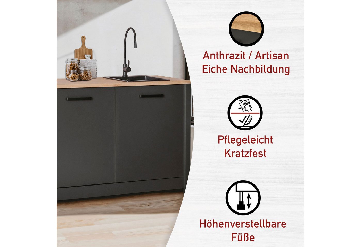 Inter Link Pantryküche Pienza, Miniküche, Singleküche, Einbauküche, Kochnische, Ohne E-Geräte, für Spüle & Spülmaschine, Soft-Close, B: 130 cm Bild 2