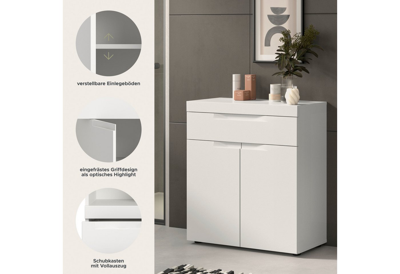 OTTO home Badkommode MAOI, Breite 75 cm, 2 Türen, 1 Schubkasten, 2 Fächer (mit eingefräster Griffmulde in der MDF Front), Badezimmerschrank, Schrank, Kommode, Midischrank, Bad, Badezimmer Bild 3