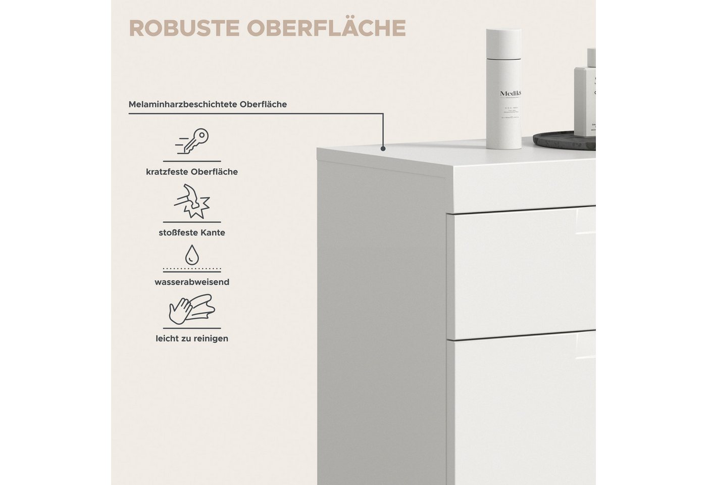 OTTO home Badkommode MAOI, Breite 75 cm, 2 Türen, 1 Schubkasten, 2 Fächer (mit eingefräster Griffmulde in der MDF Front), Badezimmerschrank, Schrank, Kommode, Midischrank, Bad, Badezimmer Bild 4