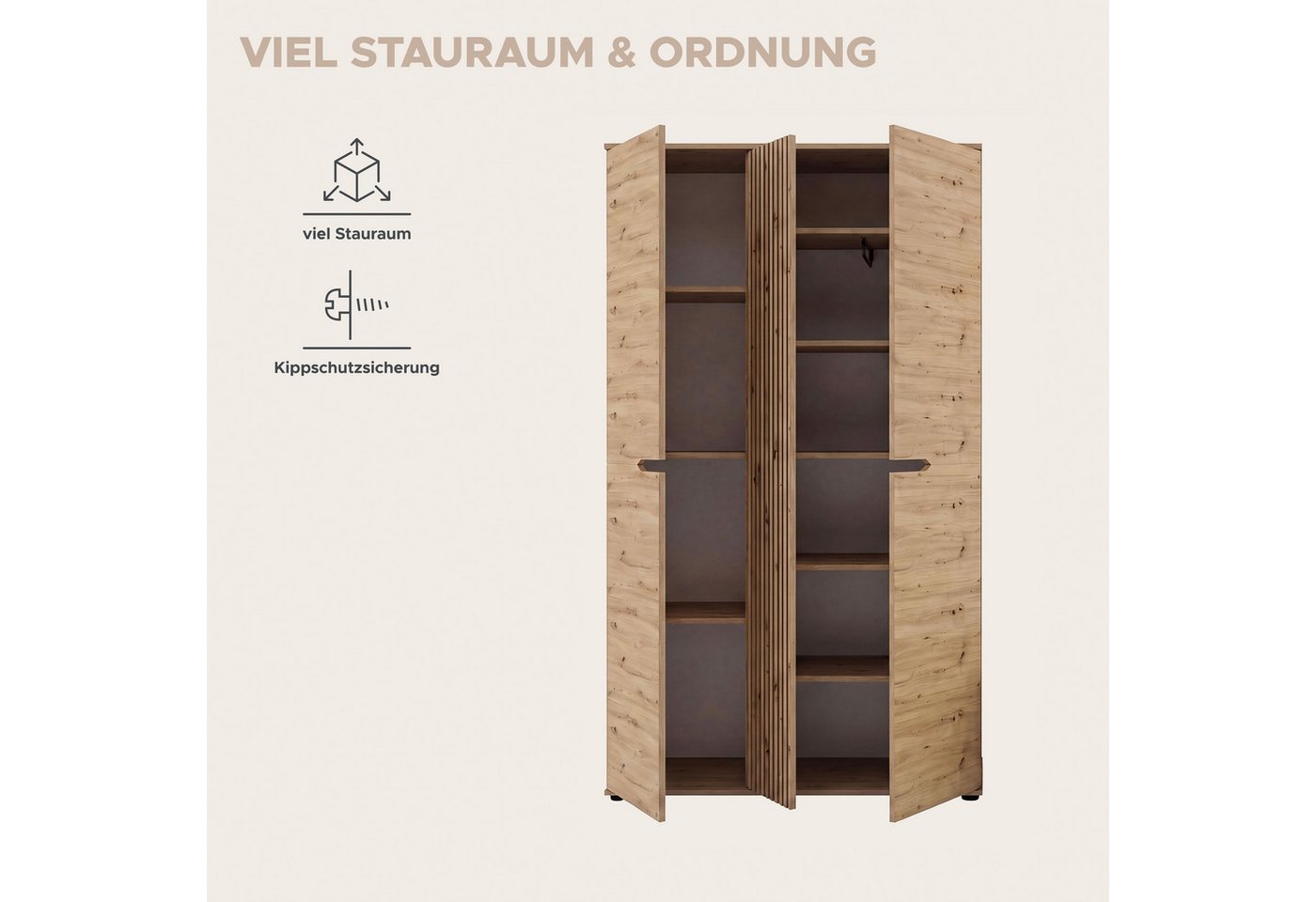 OTTO home Garderobenschrank FJELL, Breite 104cm, 3 Türen, 8 Böden, 10 Fächer, 1 Kleiderstange (hochwertig verarbeitete Längsfräsung, praktische Griffaussparung) Kleiderschrank, Schrank, Dielenschrank, Flurschrank, Mehrzweckschrank Bild 2