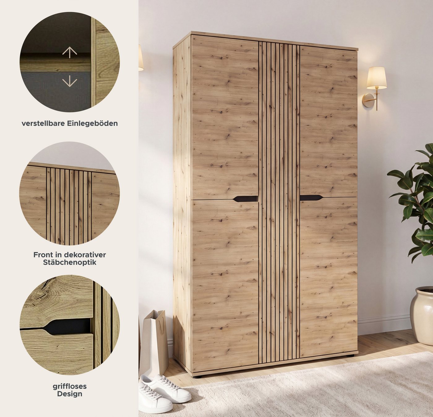 OTTO home Garderobenschrank FJELL, Breite 104cm, 3 Türen, 8 Böden, 10 Fächer, 1 Kleiderstange (hochwertig verarbeitete Längsfräsung, praktische Griffaussparung) Kleiderschrank, Schrank, Dielenschrank, Flurschrank, Mehrzweckschrank Bild 3