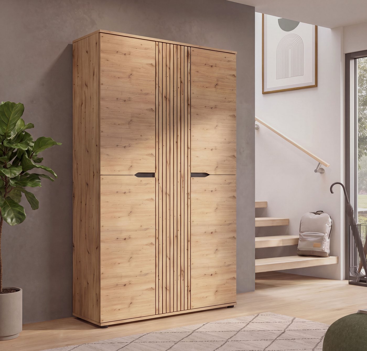 OTTO home Garderobenschrank FJELL, Breite 104cm, 3 Türen, 8 Böden, 10 Fächer, 1 Kleiderstange (hochwertig verarbeitete Längsfräsung, praktische Griffaussparung) Kleiderschrank, Schrank, Dielenschrank, Flurschrank, Mehrzweckschrank Bild 4