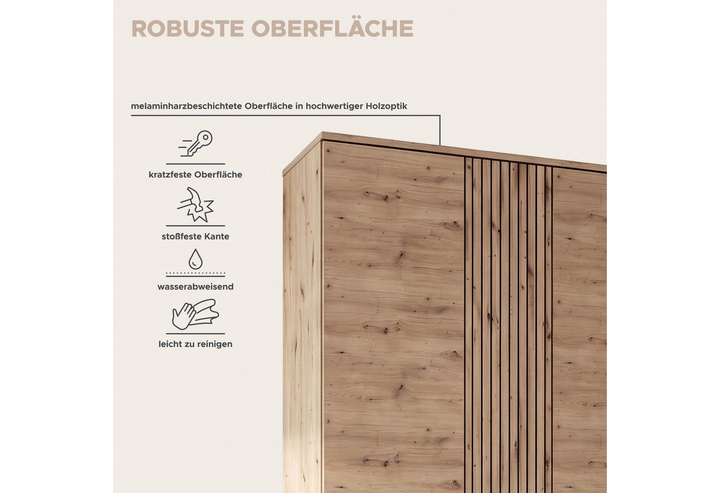 OTTO home Garderobenschrank FJELL, Breite 104cm, 3 Türen, 8 Böden, 10 Fächer, 1 Kleiderstange (hochwertig verarbeitete Längsfräsung, praktische Griffaussparung) Kleiderschrank, Schrank, Dielenschrank, Flurschrank, Mehrzweckschrank Bild 5