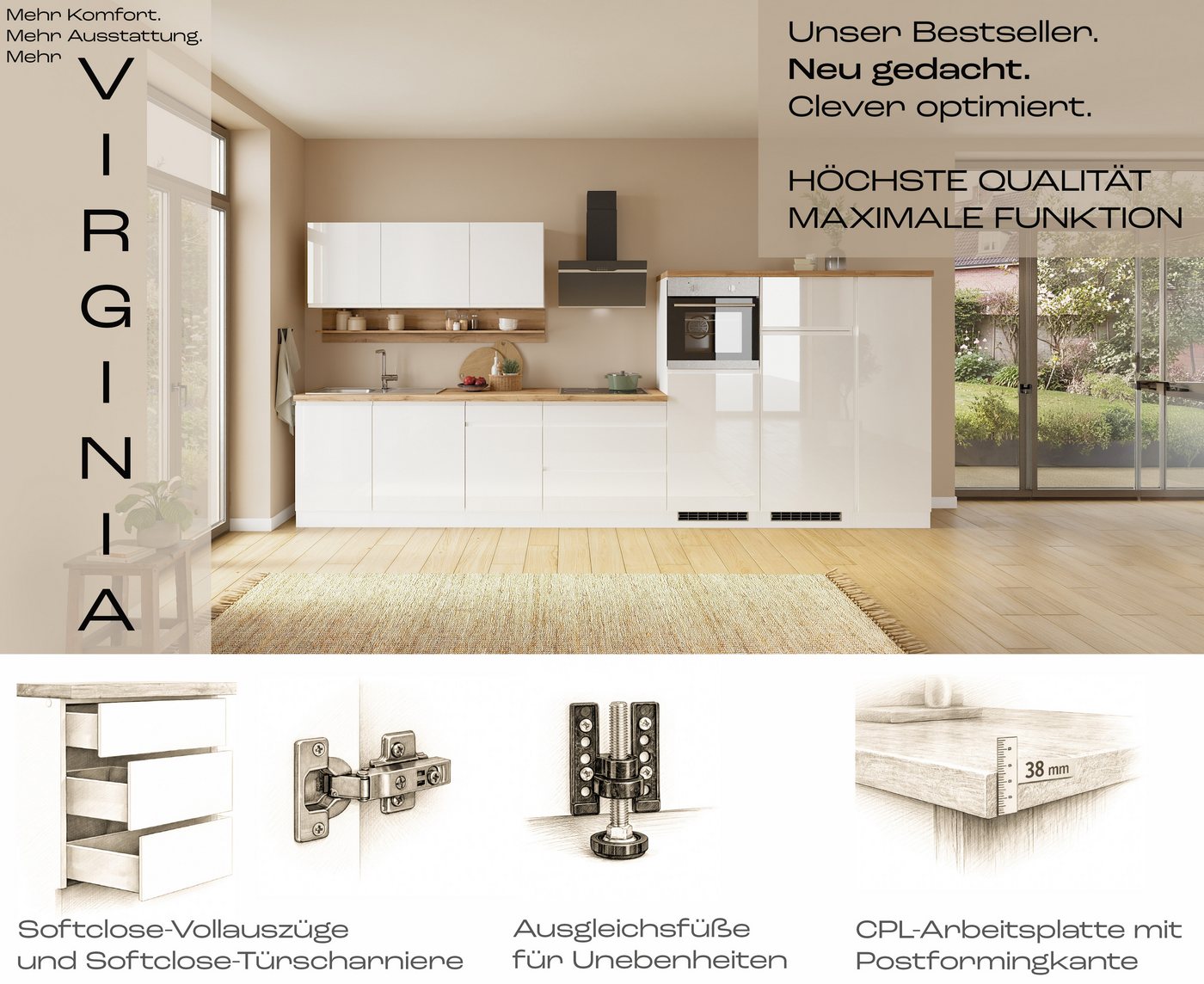 KOCHSTATION Küchenzeile KS-Virginia,neu in verbesserter Ausführung, Breite 410 cm, Softclose, wahlweise mit E-Geräten und Induktion Bild 2