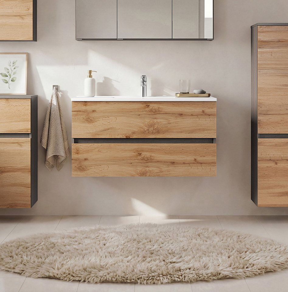 OTTO home Waschtisch BOZEN, 2 Auszüge inklusive Becken und Montagematerial (Badezimmerschrank, grifflos, einfache Montage, Bad-Einrichtung), Maße (B/H/T): ca. 80/52/45 cm, Badmöbel, Waschtisch, Stauraum, modern