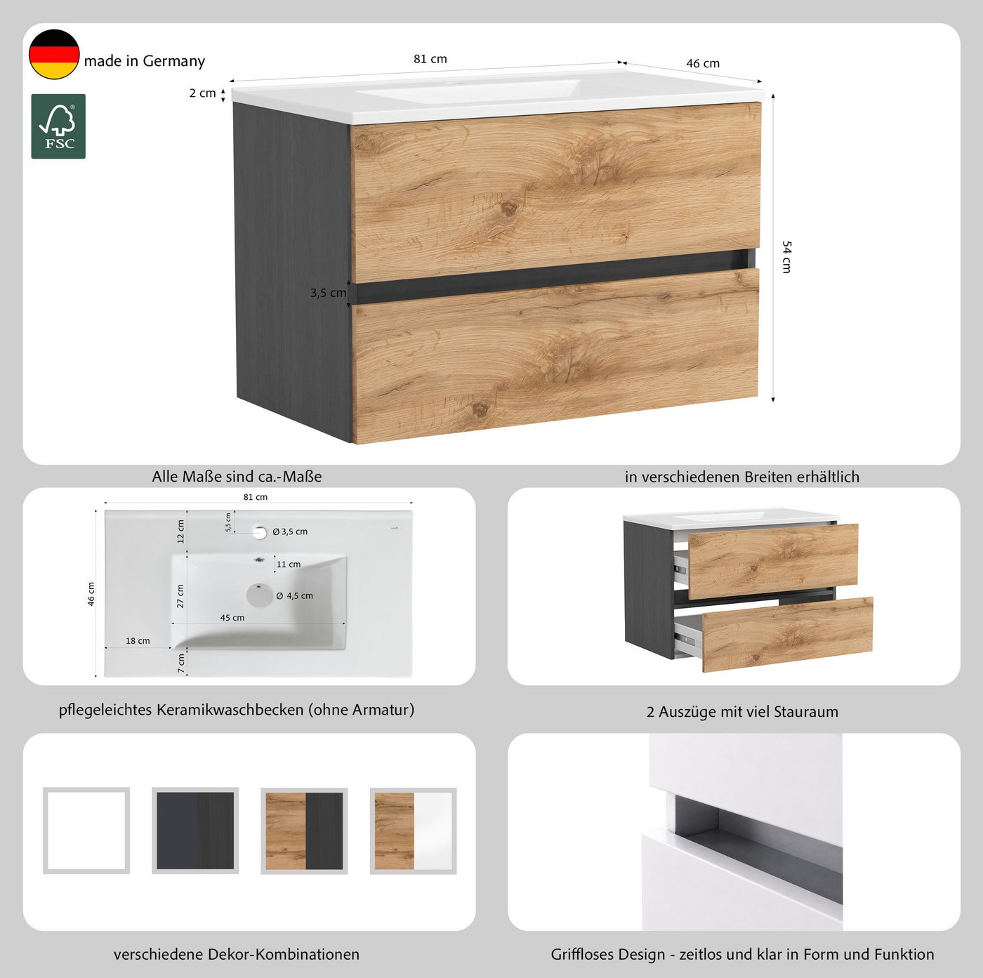 OTTO home Waschtisch BOZEN, 2 Auszüge inklusive Becken und Montagematerial (Badezimmerschrank, grifflos, einfache Montage, Bad-Einrichtung), Maße (B/H/T): ca. 80/52/45 cm, Badmöbel, Waschtisch, Stauraum, modern Bild 2