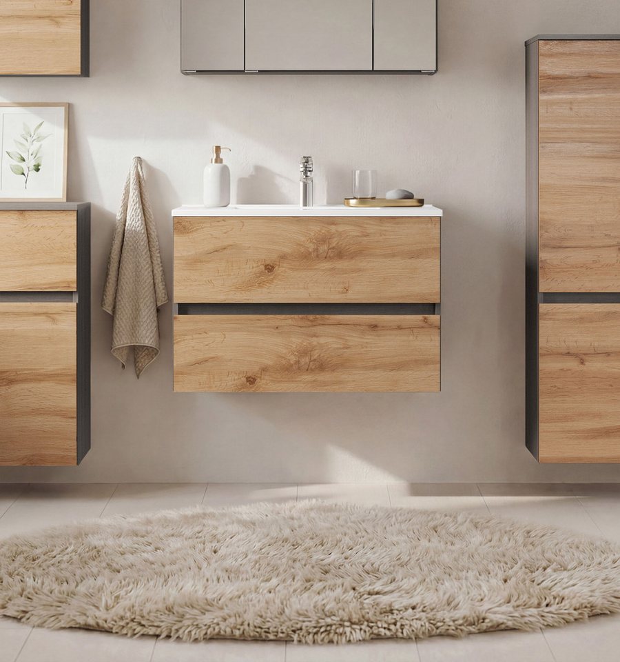OTTO home Waschtisch BOZEN, 2 Auszüge inklusive Becken und Montagematerial (Badezimmerschrank, grifflos, einfache Montage, Bad-Einrichtung), Maße (B/H/T): ca. 80/52/45 cm, Badmöbel, Waschtisch, Stauraum, modern Bild 5