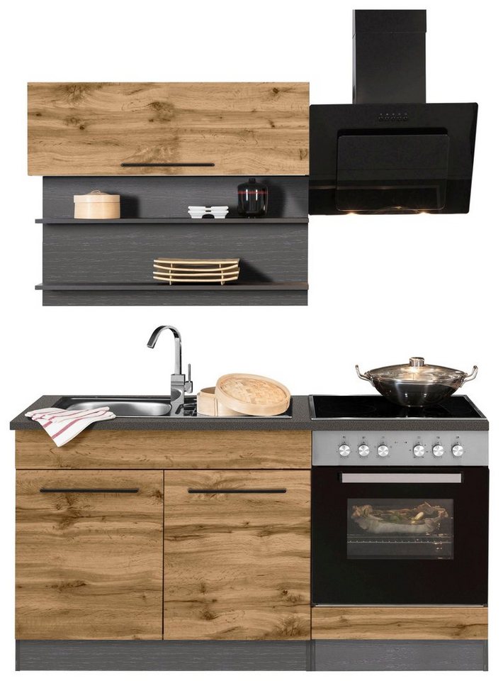 KOCHSTATION Pantryküche KS-Tulsa, mit E-Geräten, Breite 160 cm, schwarze Metallgriffe