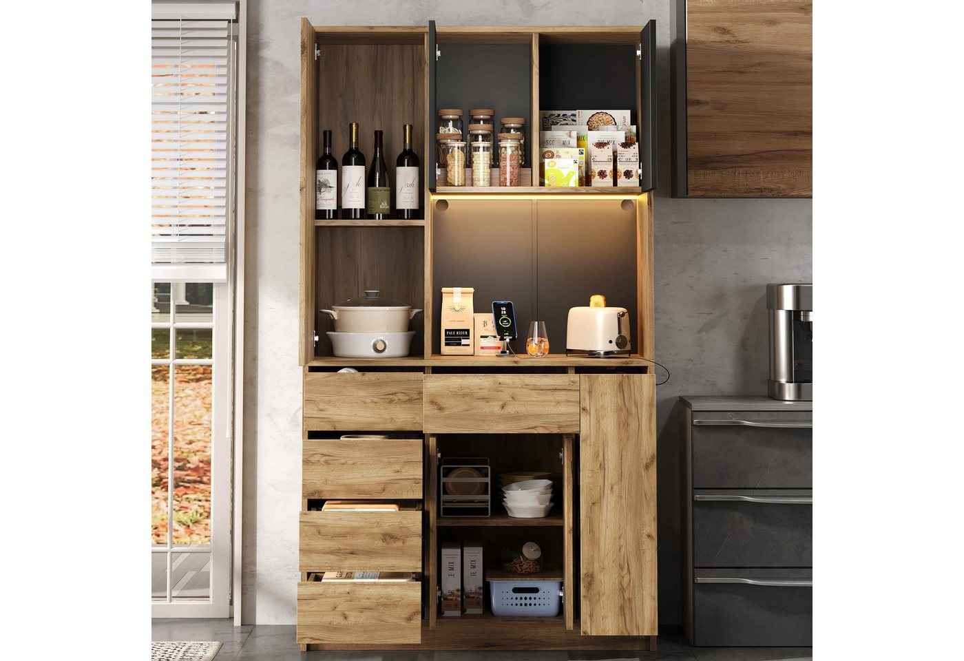 Ulife Küchenbuffet Küchen-Hochschrank 185 cm: 4-fach Gewürzregal, LED, Steckdose (1-St) Ausziehbar, verstellbar, Fernbedienung – platzsparend & modern