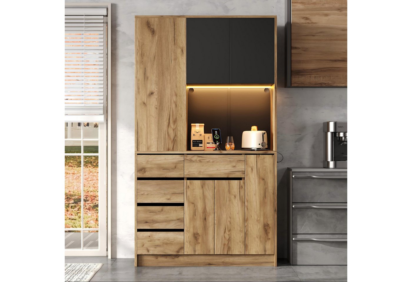 Ulife Küchenbuffet Küchen-Hochschrank 185 cm: 4-fach Gewürzregal, LED, Steckdose (1-St) Ausziehbar, verstellbar, Fernbedienung – platzsparend & modern Bild 2