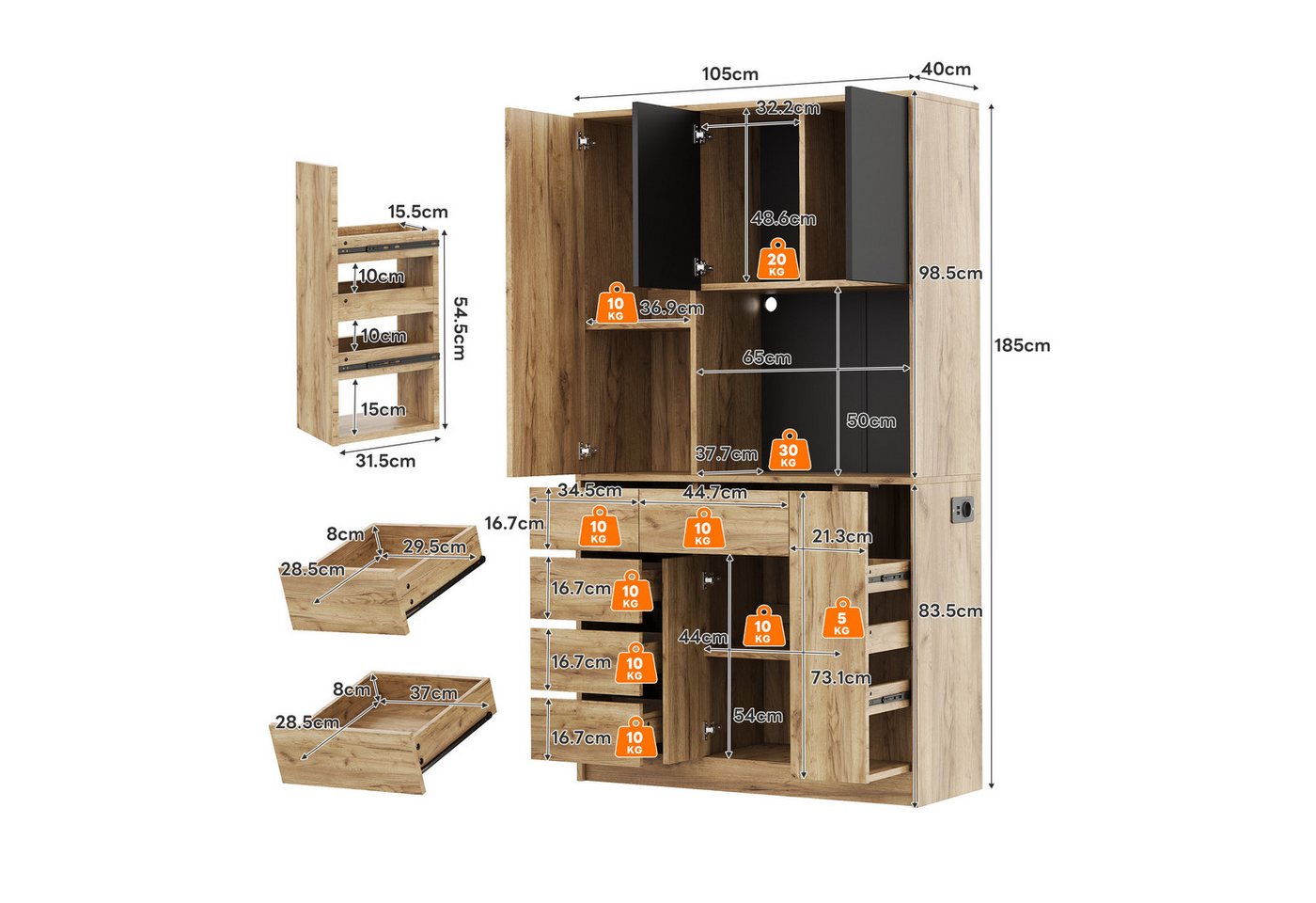 Ulife Küchenbuffet Küchen-Hochschrank 185 cm: 4-fach Gewürzregal, LED, Steckdose (1-St) Ausziehbar, verstellbar, Fernbedienung – platzsparend & modern Bild 3