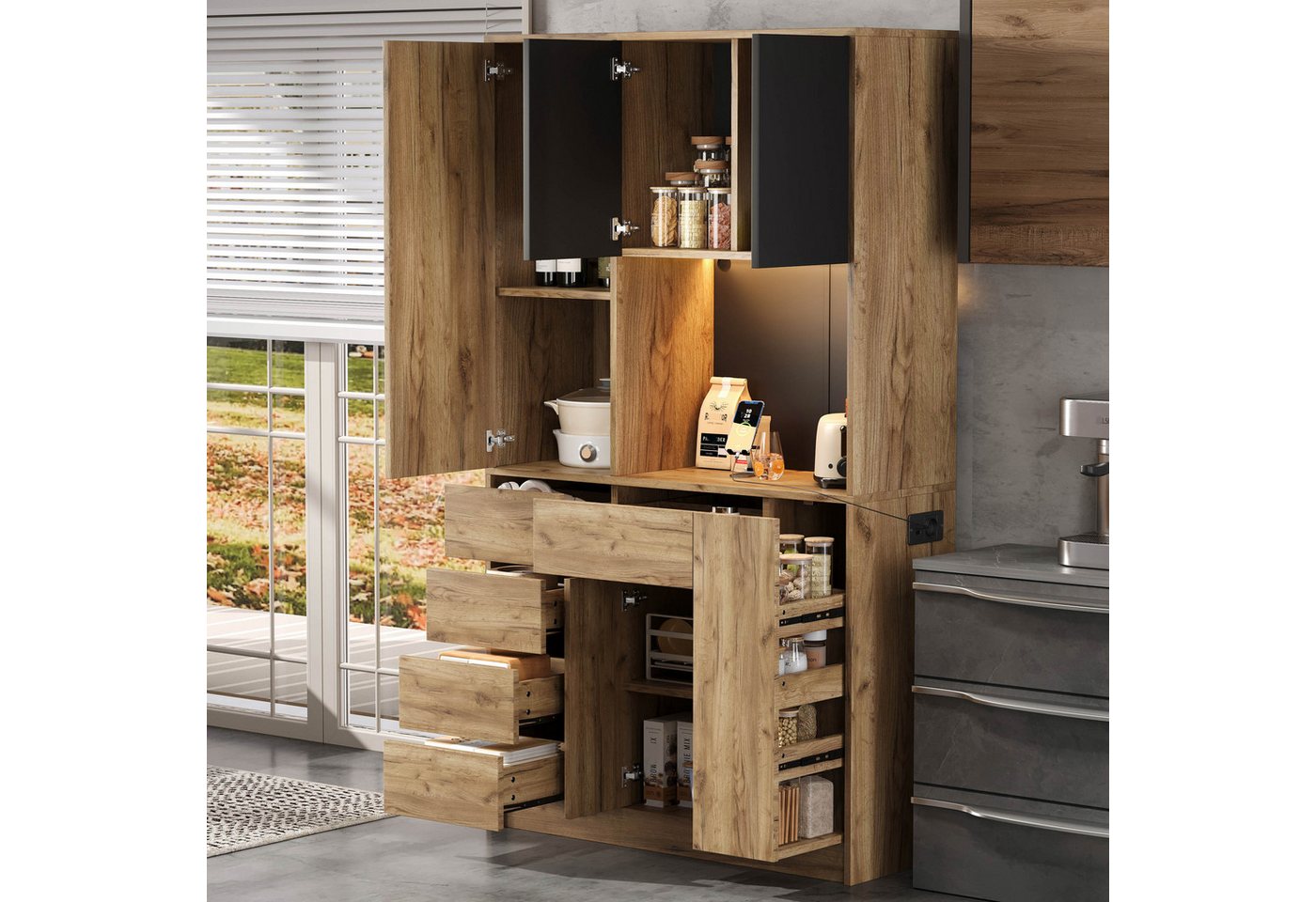 Ulife Küchenbuffet Küchen-Hochschrank 185 cm: 4-fach Gewürzregal, LED, Steckdose (1-St) Ausziehbar, verstellbar, Fernbedienung – platzsparend & modern Bild 4