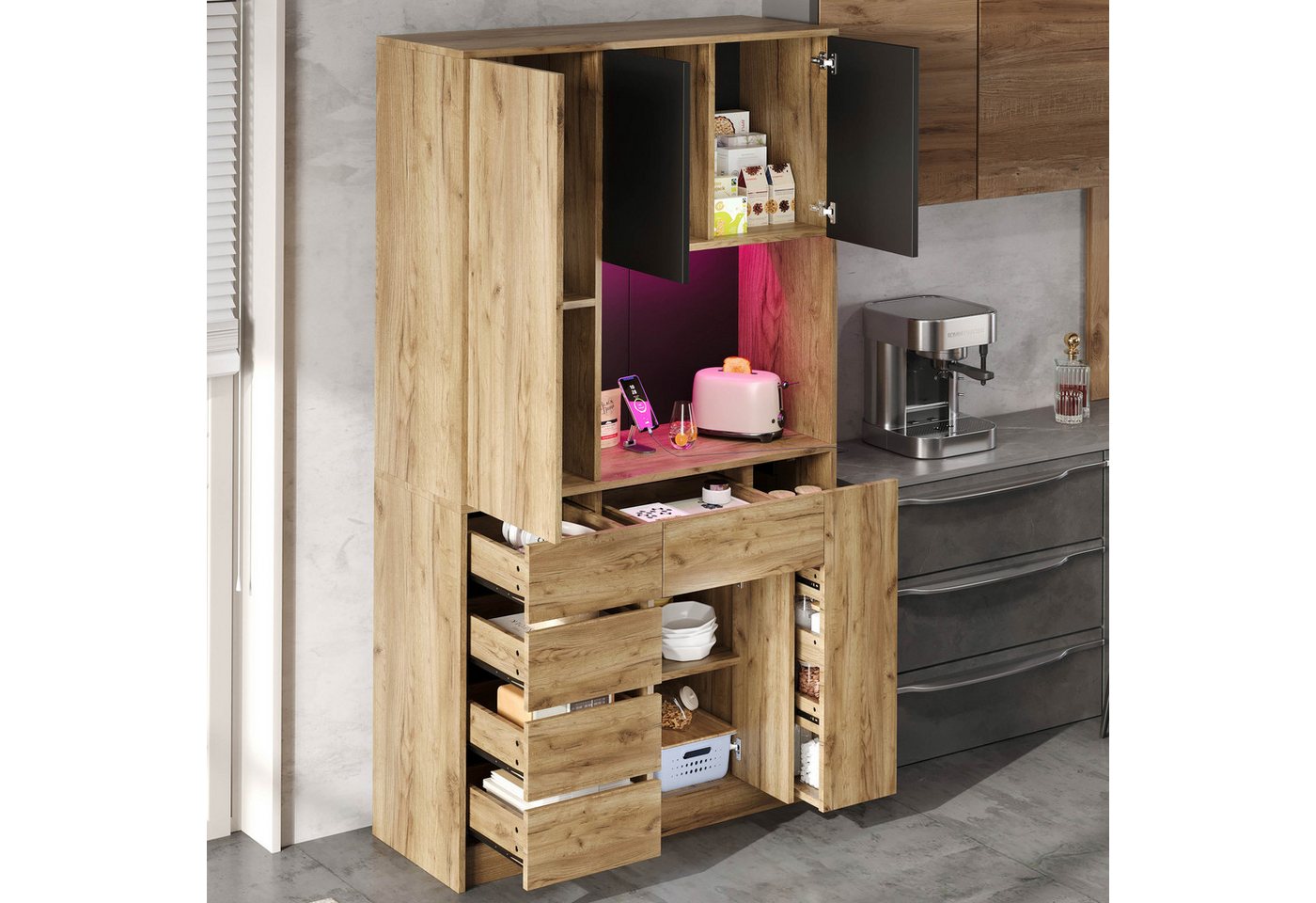 Ulife Küchenbuffet Küchen-Hochschrank 185 cm: 4-fach Gewürzregal, LED, Steckdose (1-St) Ausziehbar, verstellbar, Fernbedienung – platzsparend & modern Bild 5