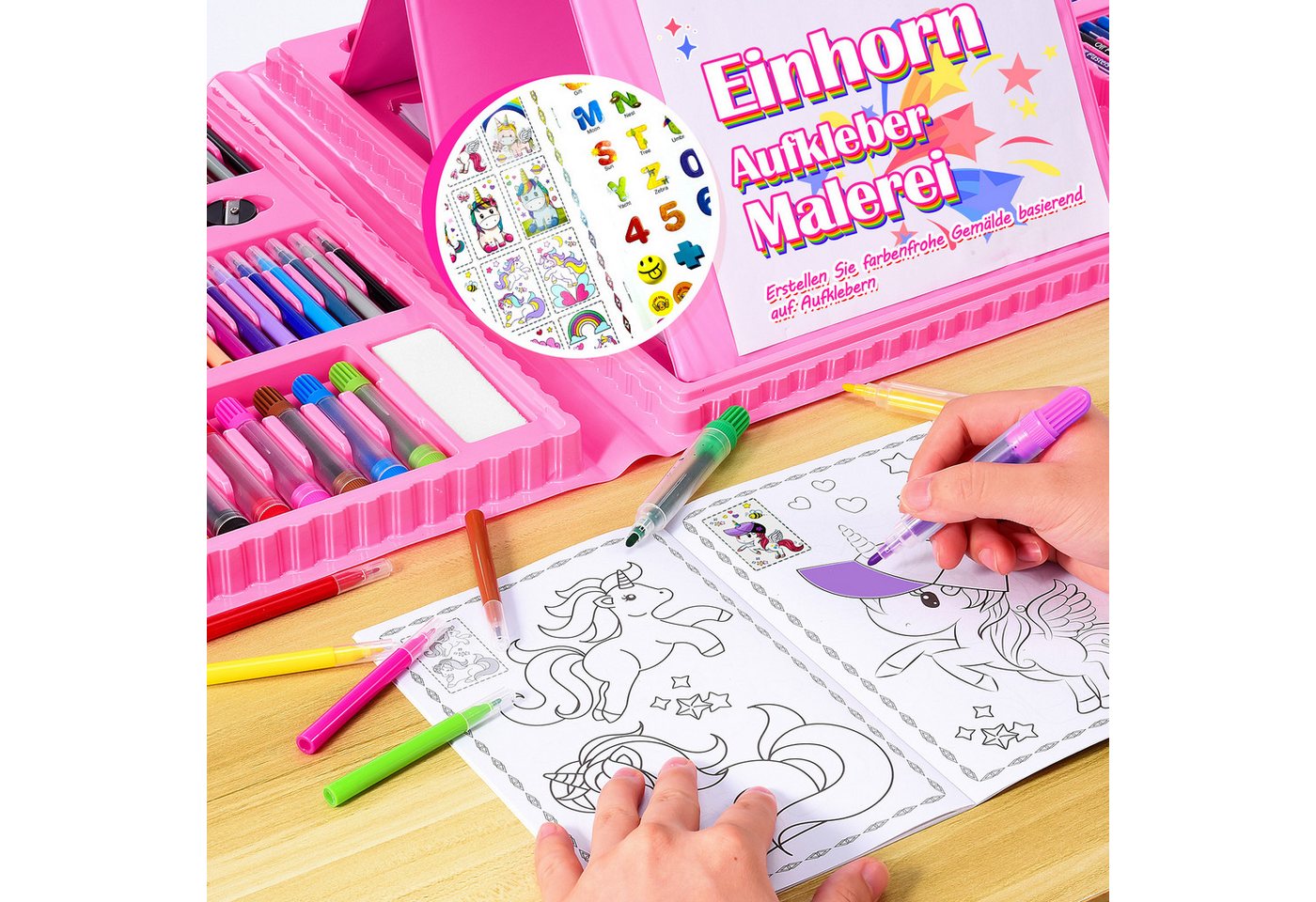 Wootoy Kreativset Mal- und Bastelset Einhorn-Design Wachsmalstift-Set Kinder Malset, (mit Buntstiften Ölkreiden Wasserfarben und Bastelzubehör, 208-tlg., Geschenkidee für kreative Kinder ab 3 Jahren), Praktischer Tragekoffer für geordnete Aufbewahrung einfachen Transport