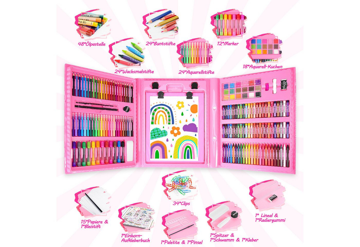 Wootoy Kreativset Mal- und Bastelset Einhorn-Design Wachsmalstift-Set Kinder Malset, (mit Buntstiften Ölkreiden Wasserfarben und Bastelzubehör, 208-tlg., Geschenkidee für kreative Kinder ab 3 Jahren), Praktischer Tragekoffer für geordnete Aufbewahrung einfachen Transport Bild 2