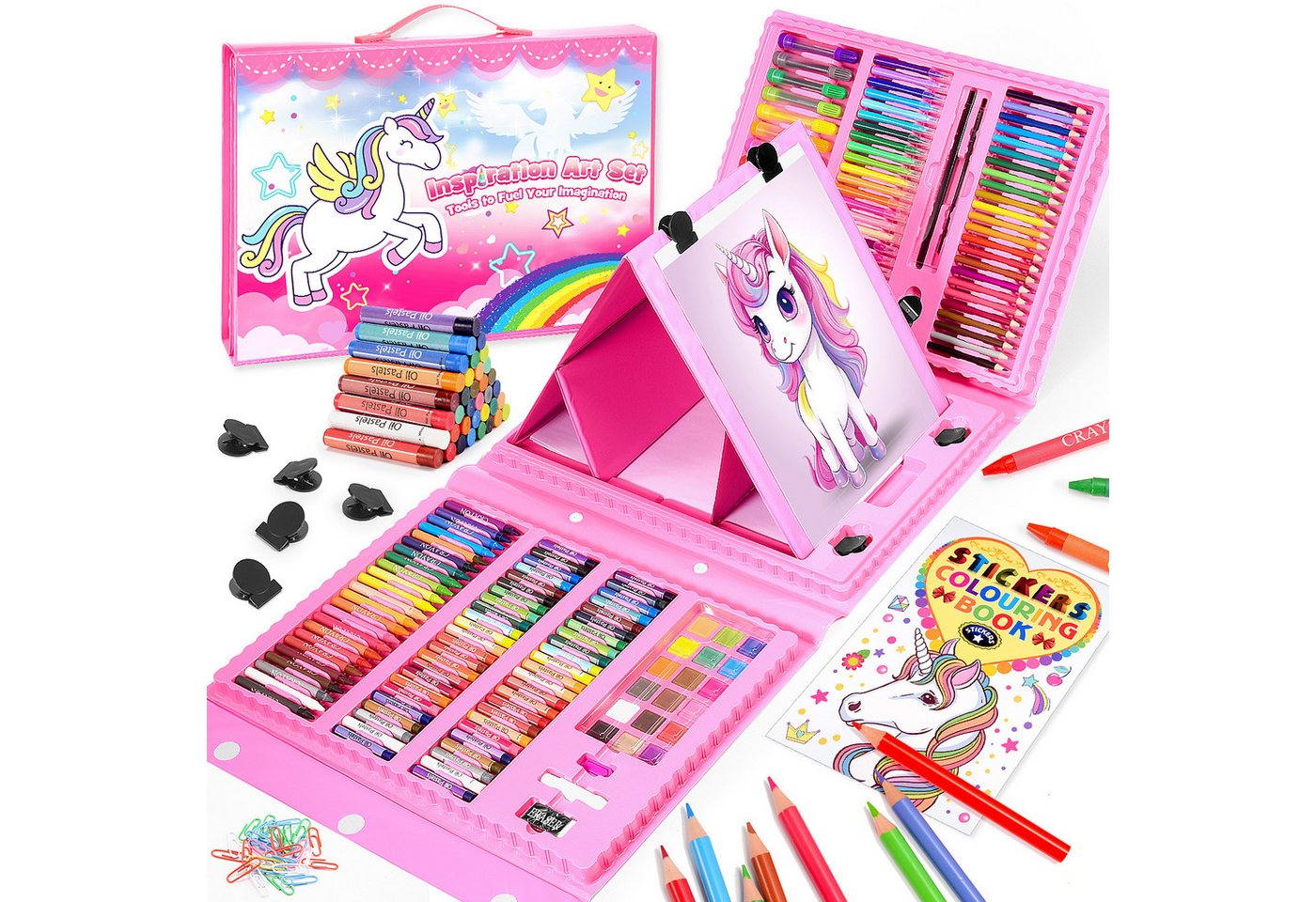 Wootoy Kreativset Mal- und Bastelset Einhorn-Design Wachsmalstift-Set Kinder Malset, (mit Buntstiften Ölkreiden Wasserfarben und Bastelzubehör, 208-tlg., Geschenkidee für kreative Kinder ab 3 Jahren), Praktischer Tragekoffer für geordnete Aufbewahrung einfachen Transport Bild 3