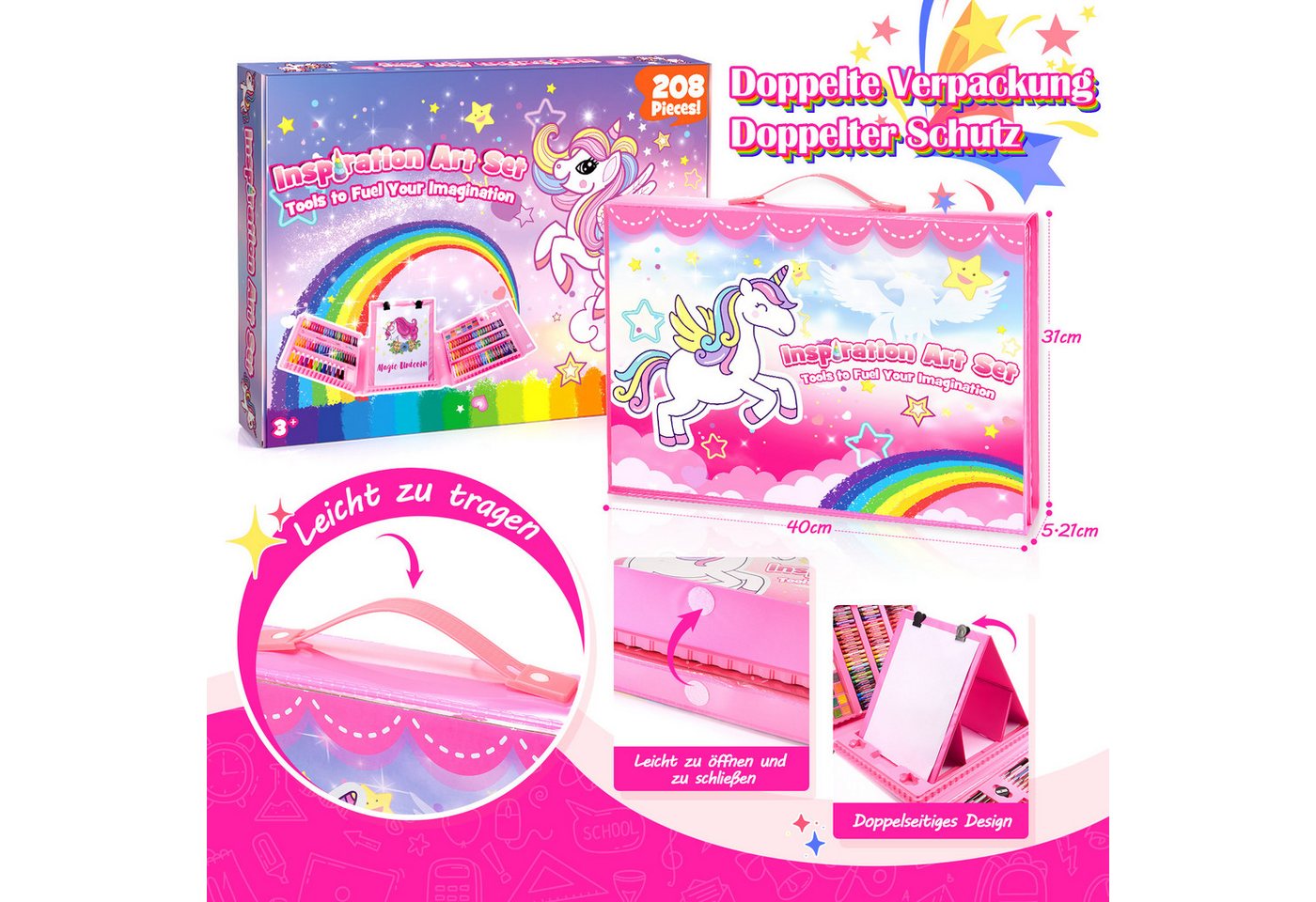 Wootoy Kreativset Mal- und Bastelset Einhorn-Design Wachsmalstift-Set Kinder Malset, (mit Buntstiften Ölkreiden Wasserfarben und Bastelzubehör, 208-tlg., Geschenkidee für kreative Kinder ab 3 Jahren), Praktischer Tragekoffer für geordnete Aufbewahrung einfachen Transport Bild 4