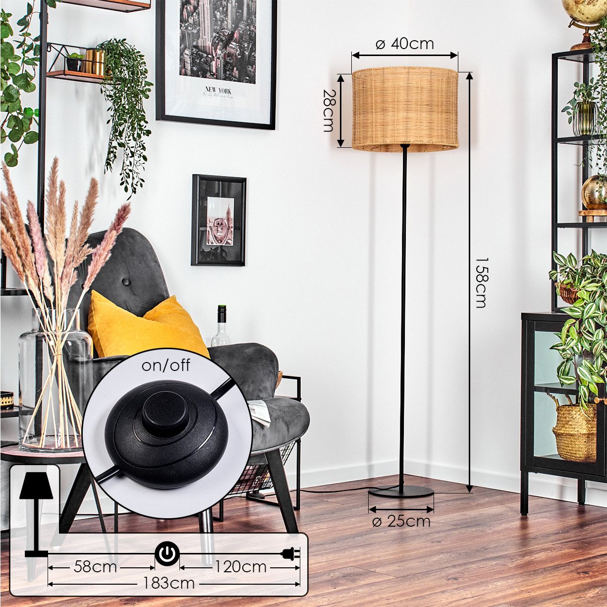 hofstein Stehlampe Stehlampe aus Metall/Bambus in Schwarz/Natur, ohne Leuchtmittel, mit rundem Schirm (40 cm) u. Fußschalter, 1 x E27, ohne Leuchtmittel Bild 2