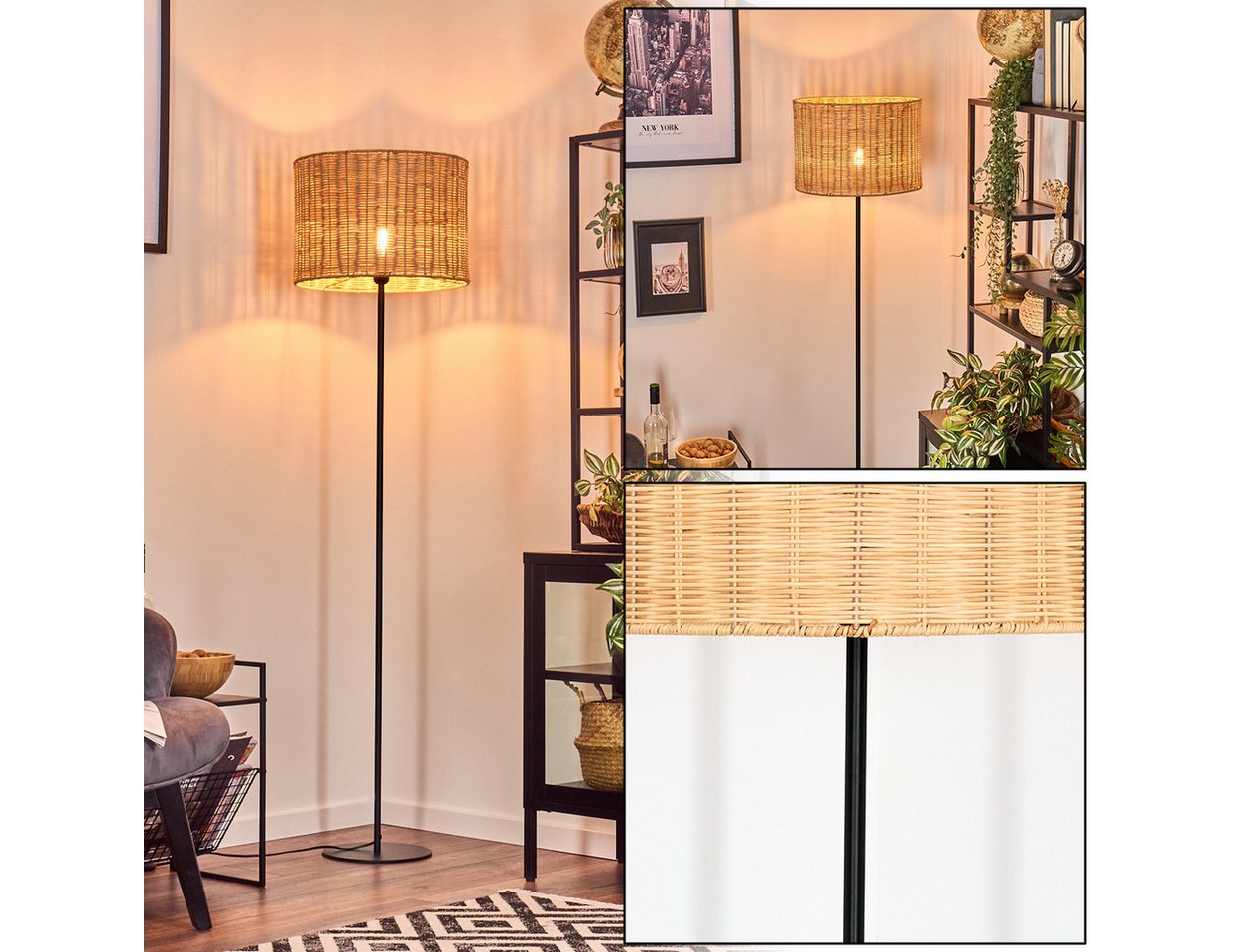 hofstein Stehlampe Stehlampe aus Metall/Bambus in Schwarz/Natur, ohne Leuchtmittel, mit rundem Schirm (40 cm) u. Fußschalter, 1 x E27, ohne Leuchtmittel Bild 3