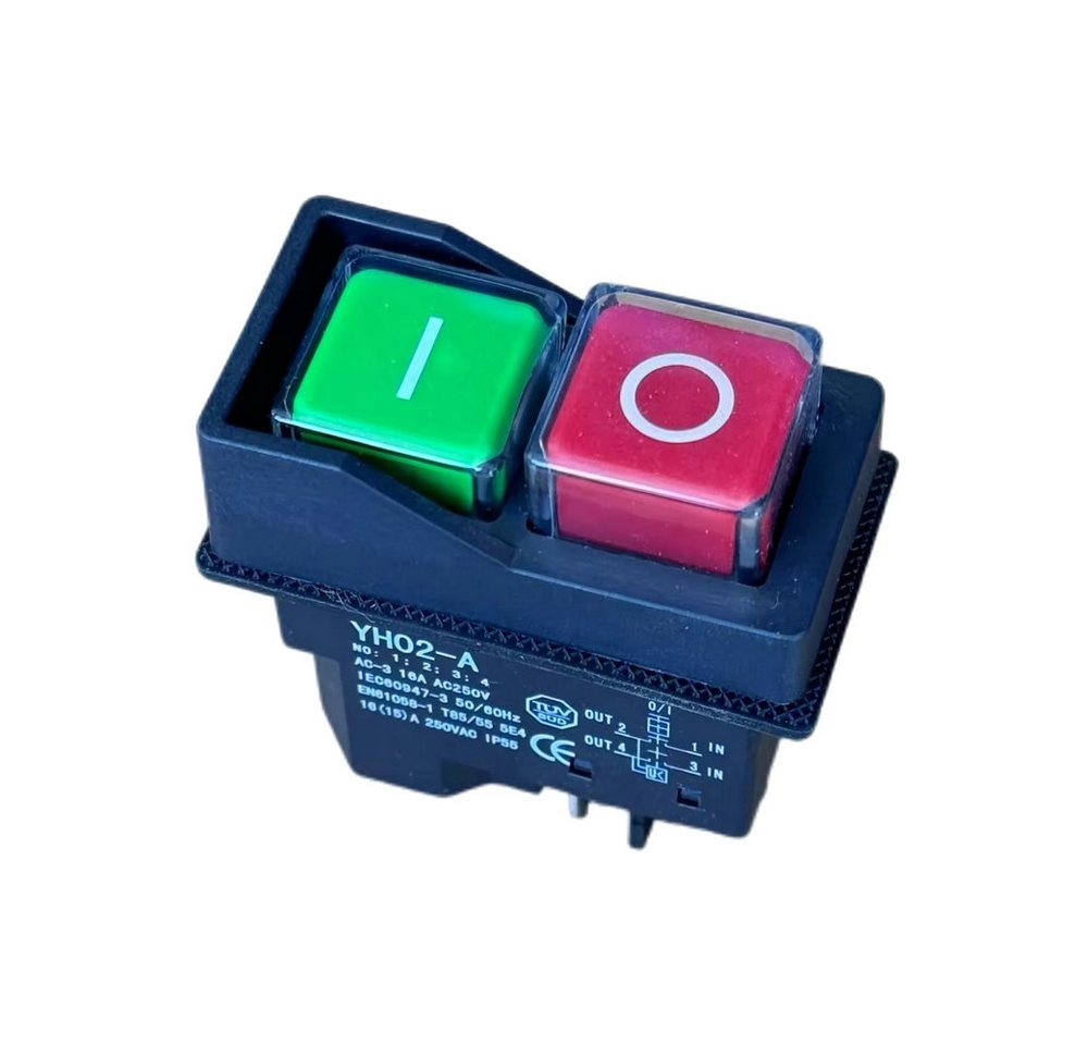 Trade-Shop Schalter Elektro Ein/Aus Hauptschalter YH02-A, 230V 16A, IP 55 für Betonmischer, Anschluss über 4 Kontakte / mit Flachdichtung und PVC-Abdeckung