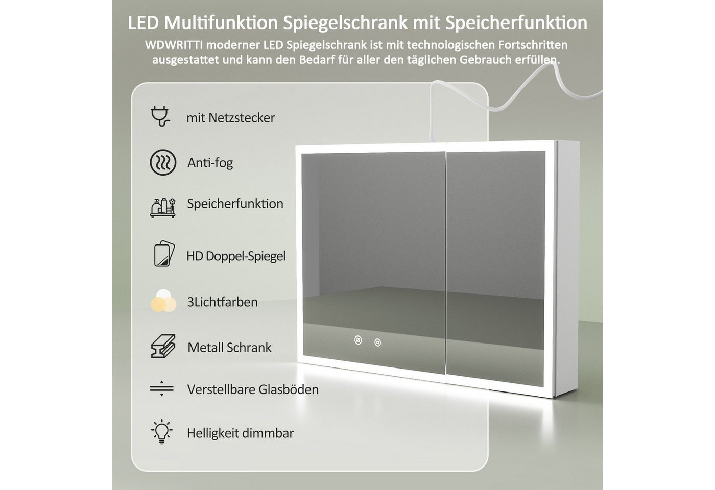 WDWRITTI Badezimmerspiegelschrank mit Led Weiss Spiegelschrank Aluminum 2türig 3Lichtfarben dimmbar (Wandschrank Badschrank Weiß, 80 x 13,5 x 60 cm) vormontiert geliefert, mit Netzstecker, Doppel Spiegel Bild 2