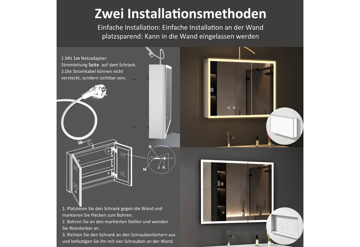 WDWRITTI Badezimmerspiegelschrank mit Led Weiss Spiegelschrank Aluminum 2türig 3Lichtfarben dimmbar (Wandschrank Badschrank Weiß, 80 x 13,5 x 60 cm) vormontiert geliefert, mit Netzstecker, Doppel Spiegel Bild 3