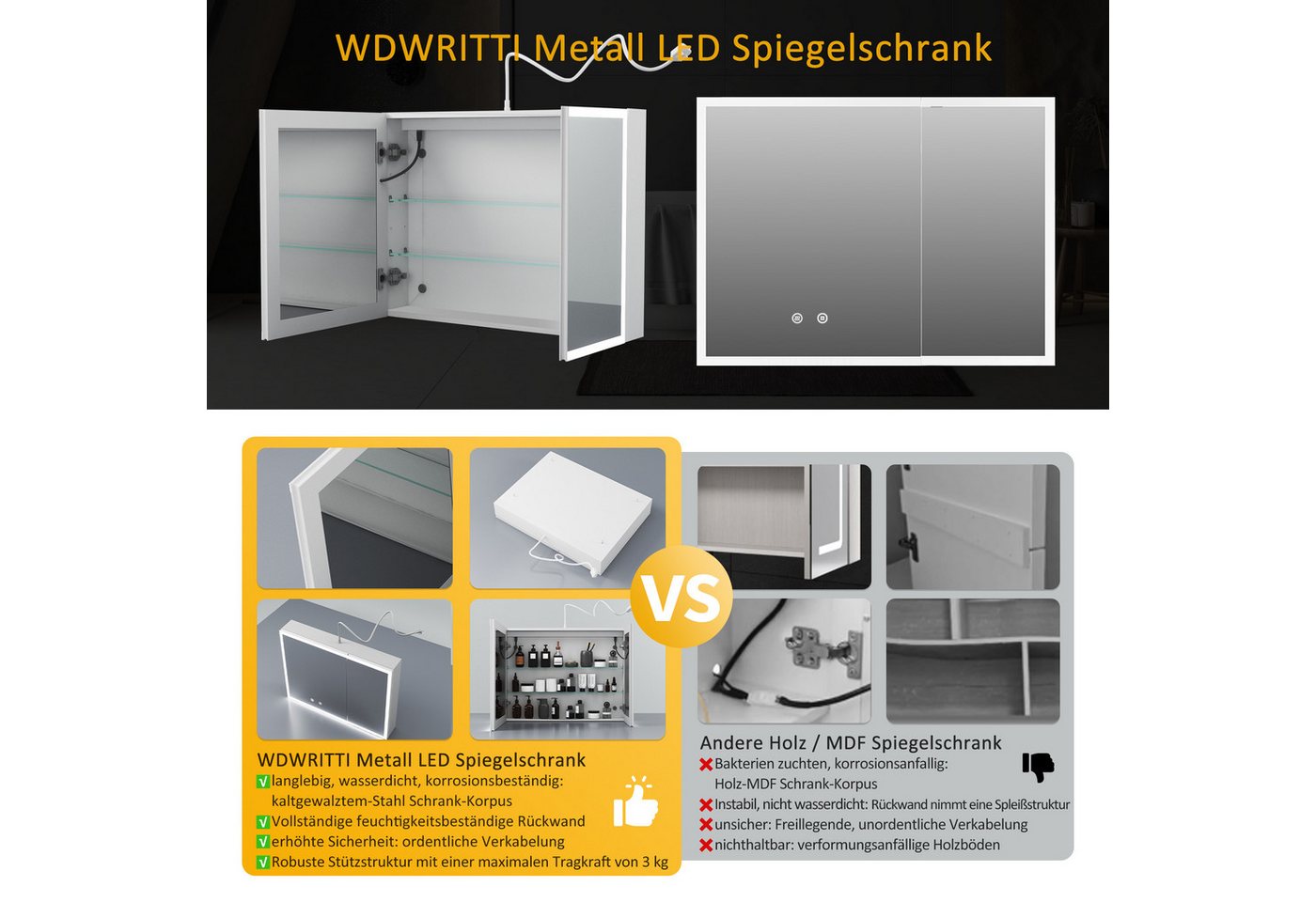 WDWRITTI Badezimmerspiegelschrank mit Led Weiss Spiegelschrank Aluminum 2türig 3Lichtfarben dimmbar (Wandschrank Badschrank Weiß, 80 x 13,5 x 60 cm) vormontiert geliefert, mit Netzstecker, Doppel Spiegel Bild 4