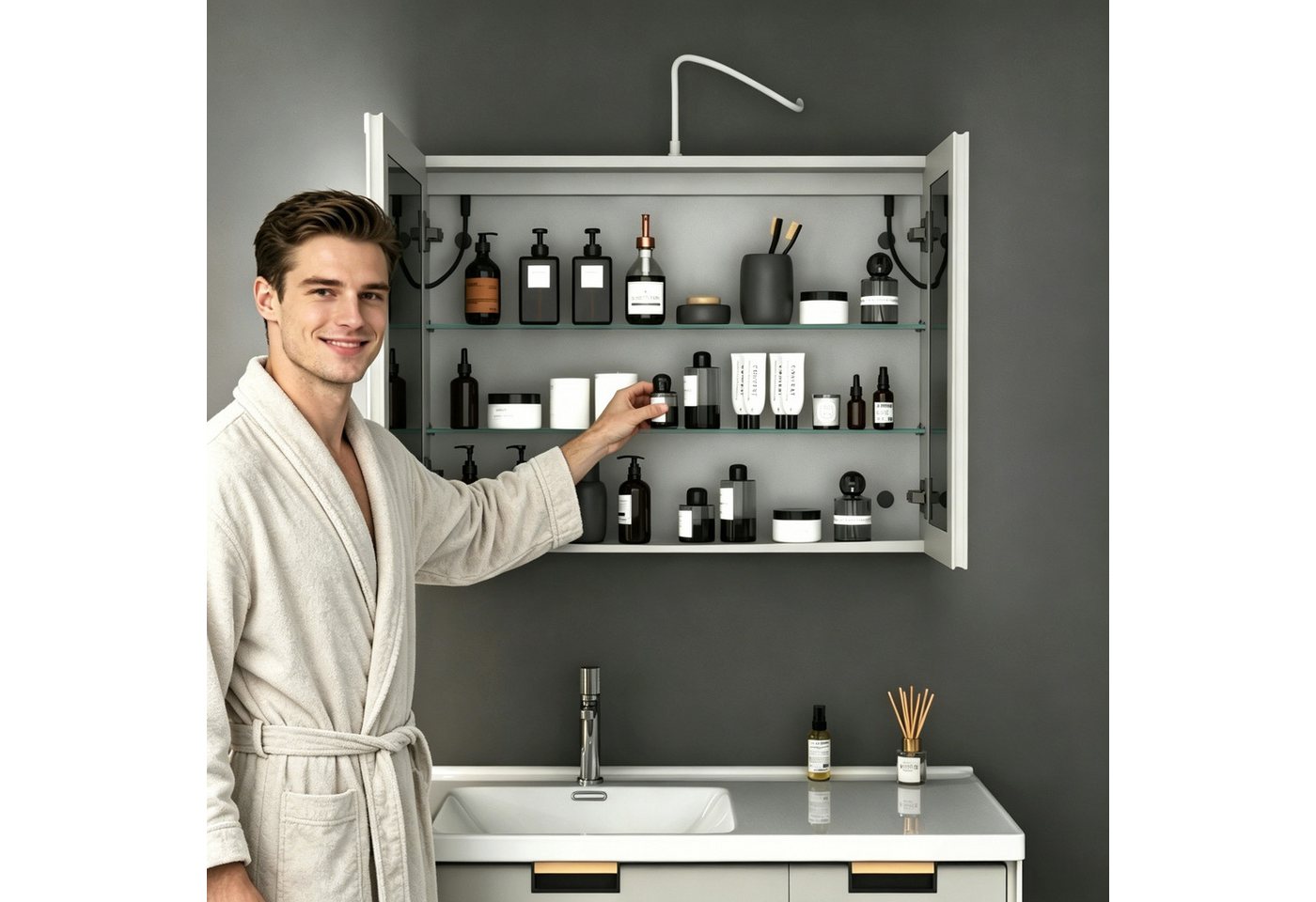 WDWRITTI Badezimmerspiegelschrank mit Led Weiss Spiegelschrank Aluminum 2türig 3Lichtfarben dimmbar (Wandschrank Badschrank Weiß, 80 x 13,5 x 60 cm) vormontiert geliefert, mit Netzstecker, Doppel Spiegel Bild 5